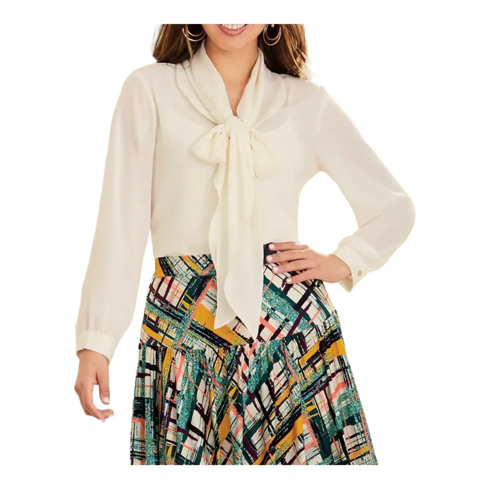Monroe & Main Chiffon Ivory Self Scarf Blouse Office Career Business Casual Top